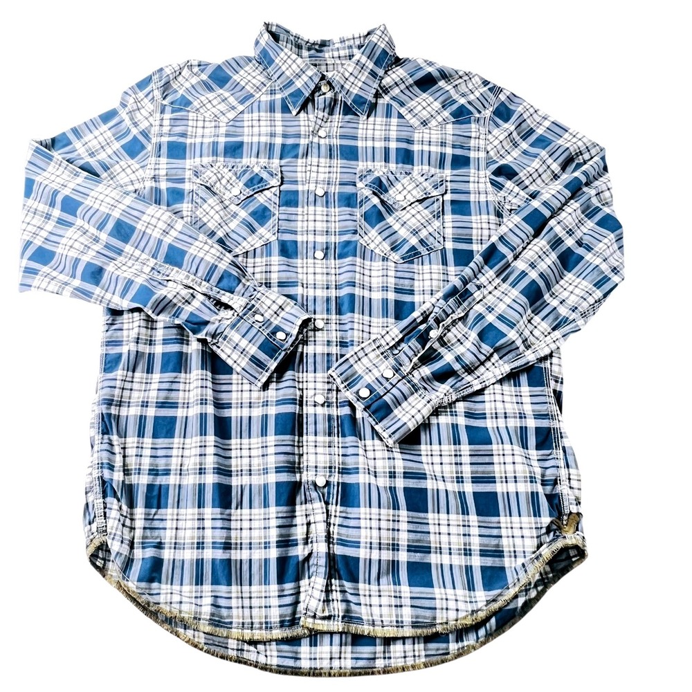 American Eagle‎ AE Men Blue Plaid Button Down Pearl Snap L Cowboy Rodeo Western